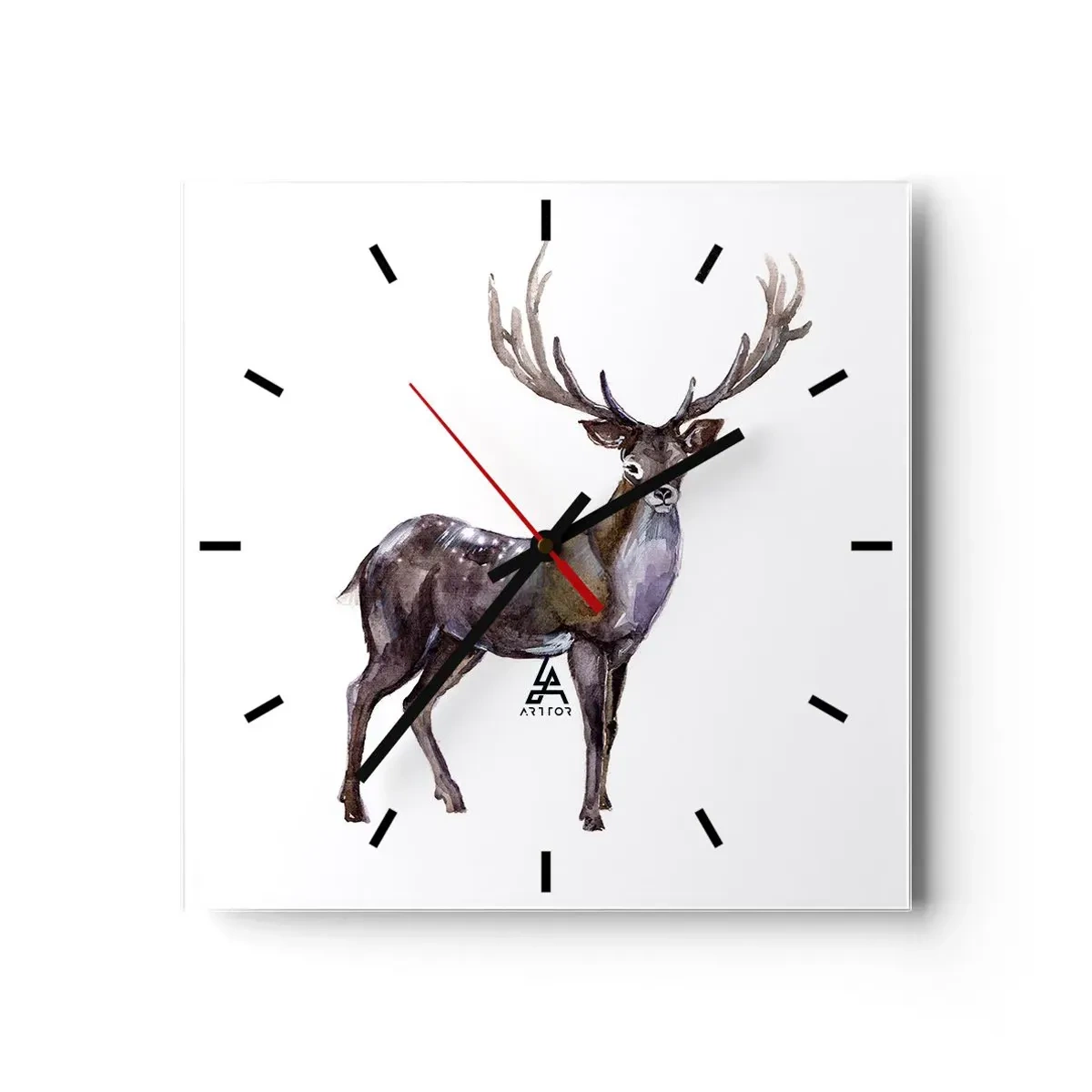 Horloge murale - Pendule murale - Illustration à l'aquarelle d'un cerf aux bois majestueux - 30x30cm - Roi de la forêt du nord - Décoration murale moderne pour le salon et la chambre ARTTOR