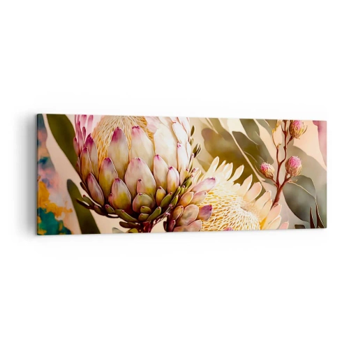 Impression sur toile - Image sur toile - Fleurs de protéa colorées sur un fond délicat - 140x50cm - Tendrement embrassé - Décoration murale moderne pour le salon et la chambre ARTTOR