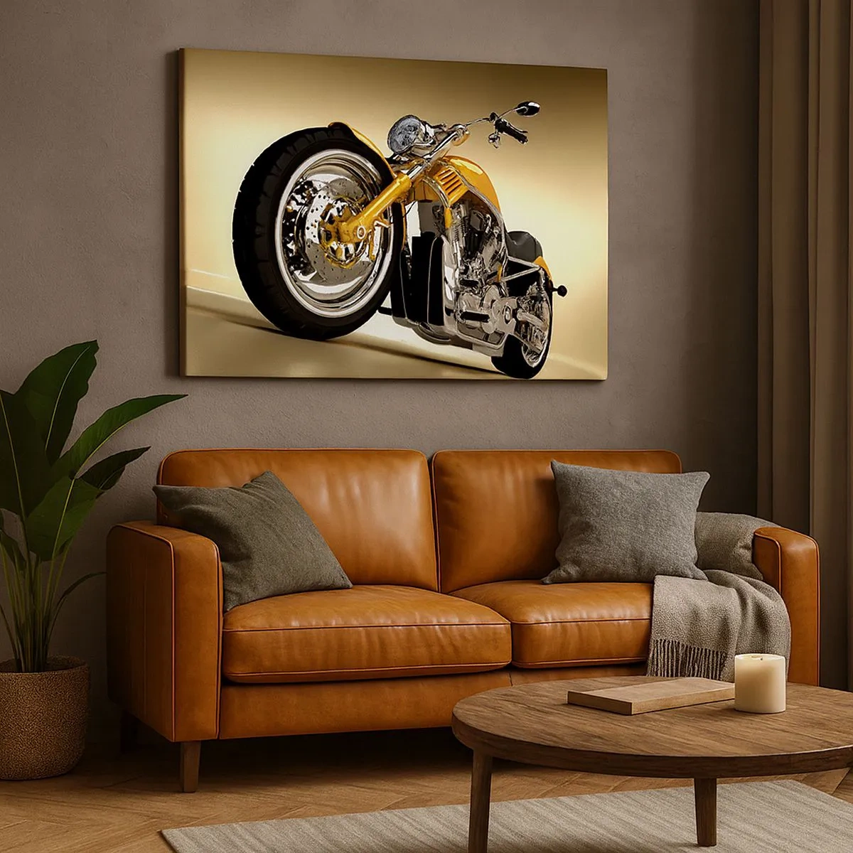 Impression sur toile - Image sur toile - Une moto jaune de style chopper contre un mur beige - 70x50cm - Un rêve de force et de vitesse - Décoration murale moderne pour le salon et la chambre ARTTOR