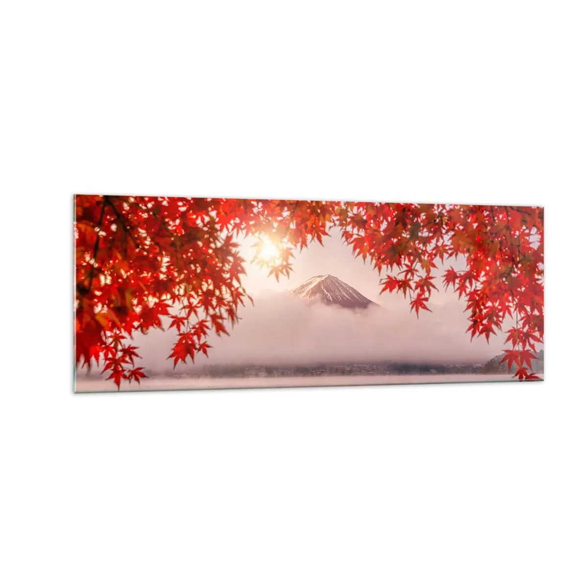 Impression sur verre - Image sur verre - Un bateau sur un lac entouré de feuilles d'érable rouges - 140x50cm - Dans le climat japonais - Décoration murale moderne pour le salon et la chambre ARTTOR