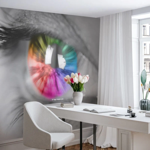 Papier Peint Photo Premium Canvas - Regarde le monde en couleur - Abstraction, Oeil coloré, 3D - 250x175 cm