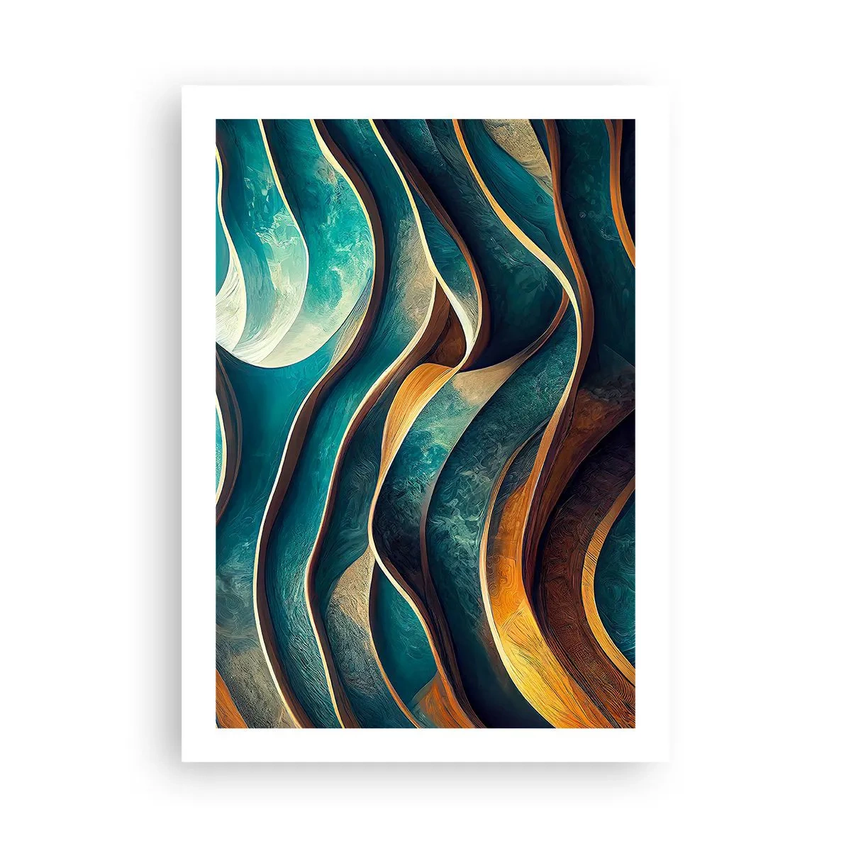 Affiche - Poster - Une composition abstraite de formes ondulées dans des tons turquoise. - 50x70cm - Méandres de bleu - Décoration murale moderne pour le salon et la chambre ARTTOR
