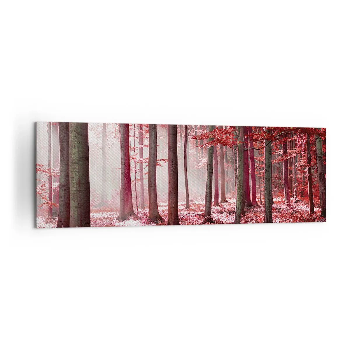 Impression sur toile - Image sur toile - Une forêt époustouflante aux teintes rouges avec des rayons de lumière pénétrant à travers les arbres - 160x50cm - Le rouge est tout aussi beau - Décoration murale moderne pour le salon et la chambre ARTTOR