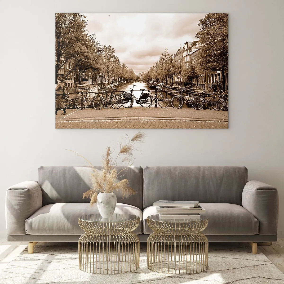 Impression sur verre - Image sur verre - Pont d'Amsterdam avec vélos rétro - 120x80cm - Ambiance hollandaise - Décoration murale moderne pour le salon et la chambre ARTTOR