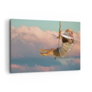 Impression sur toile - Image sur toile - Femme sur une balançoire parmi les nuages roses - 100x70cm - S'amuser dans les nuages - Décoration murale moderne pour le salon et la chambre ARTTOR