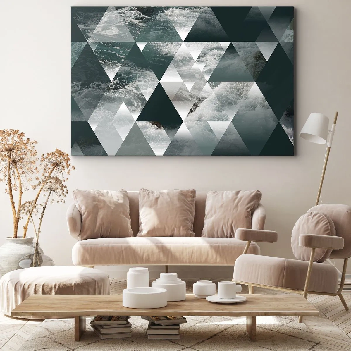 Impression sur toile - Image sur toile - Motif géométrique avec un motif de vagues dans des tons de vert - 70x50cm - Point de vue de cristal - Décoration murale moderne pour le salon et la chambre ARTTOR