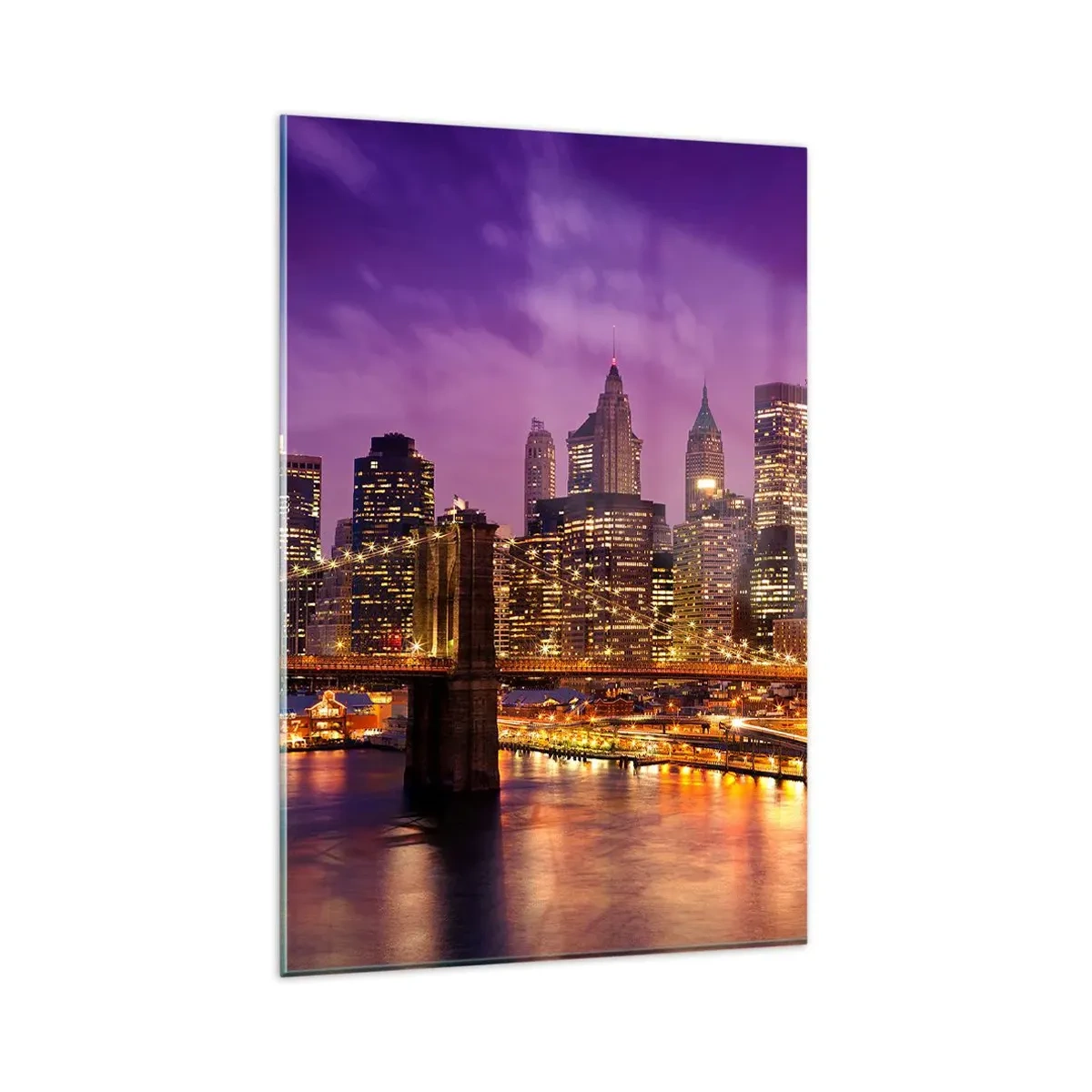 Impression sur verre - Image sur verre - Panorama de la ville avec le pont dans la lumière du soir contre le ciel violet - 80x120cm - Manhathann or violet - Décoration murale moderne pour le salon et la chambre ARTTOR