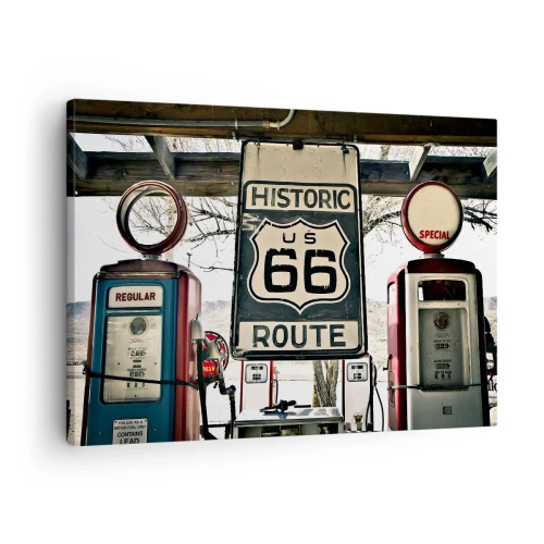 Impression sur toile - Image sur toile - Station-service historique de la Route 66 - 70x50cm - Voyage rétro américain - Décoration murale moderne pour le salon et la chambre ARTTOR