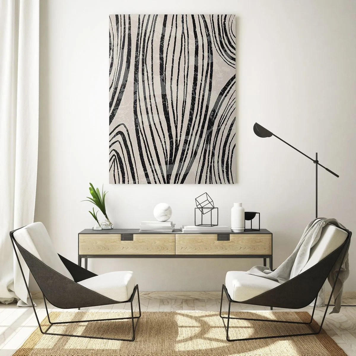 Impression sur verre - Image sur verre - Vagues de lignes noires sur fond clair - 50x70cm - Ligne de marécage - Décoration murale moderne pour le salon et la chambre ARTTOR