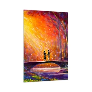 Impression sur verre - Image sur verre - Couple romantique sur un pont dans la forêt d'automne - 80x120cm - Le ciel les aime aussi - Décoration murale moderne pour le salon et la chambre ARTTOR