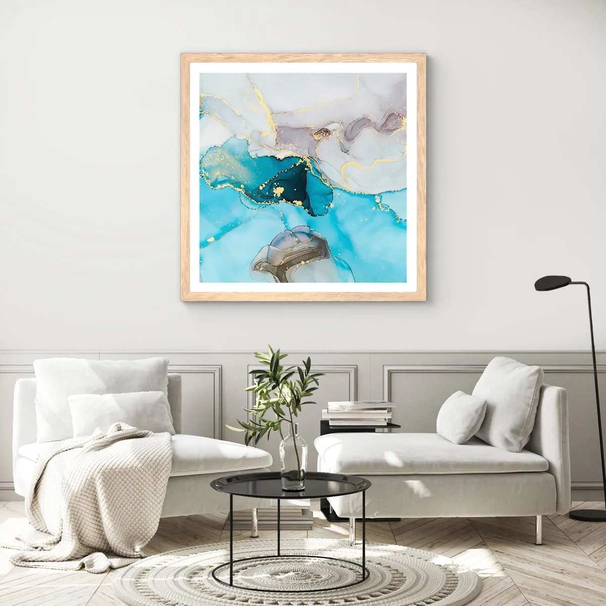 Affiche dans un chêne clair - Poster - Etude de la rencontre gris et turquoise - 50x50 cm