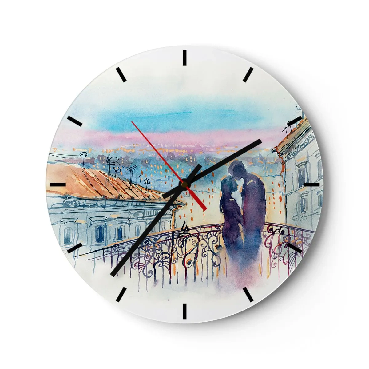 Horloge murale - Pendule murale - Couple romantique sur un balcon avec vue sur la ville - 30x30cm - Amoureux de Paris - Décoration murale moderne pour le salon, la cuisine et la chambre ARTTOR