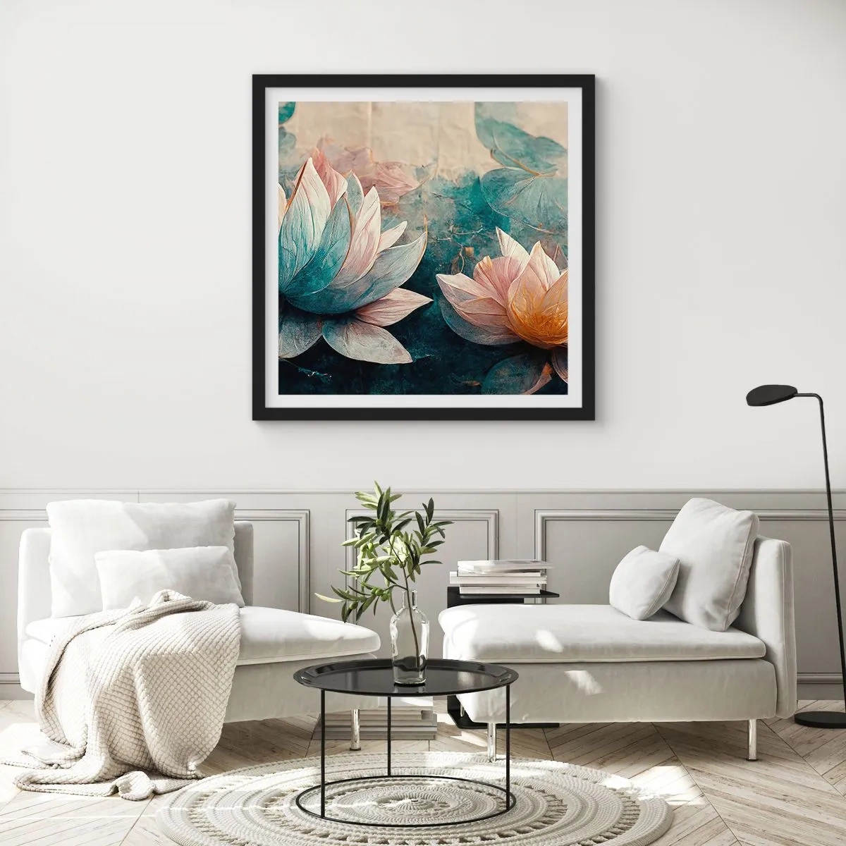 Affiche dans un cadre noir - Poster - Les étoiles du lac - 60x60 cm