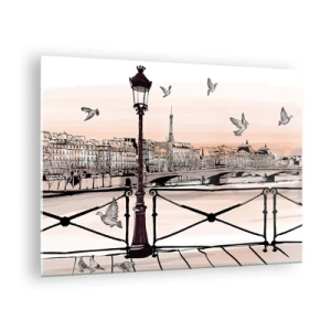 Impression sur verre - Image sur verre - Illustration d'une rue parisienne avec vue sur la Tour Eiffel à l'aube - 70x50cm - Sur les toits de Paris - Décoration murale moderne pour le salon et la chambre ARTTOR