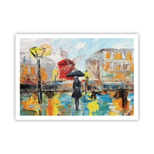 Affiche - Poster - Une scène pittoresque avec un parapluie sur fond de Paris aux couleurs vibrantes. - 100x70cm - Légende parisienne - Décoration murale moderne pour le salon et la chambre ARTTOR