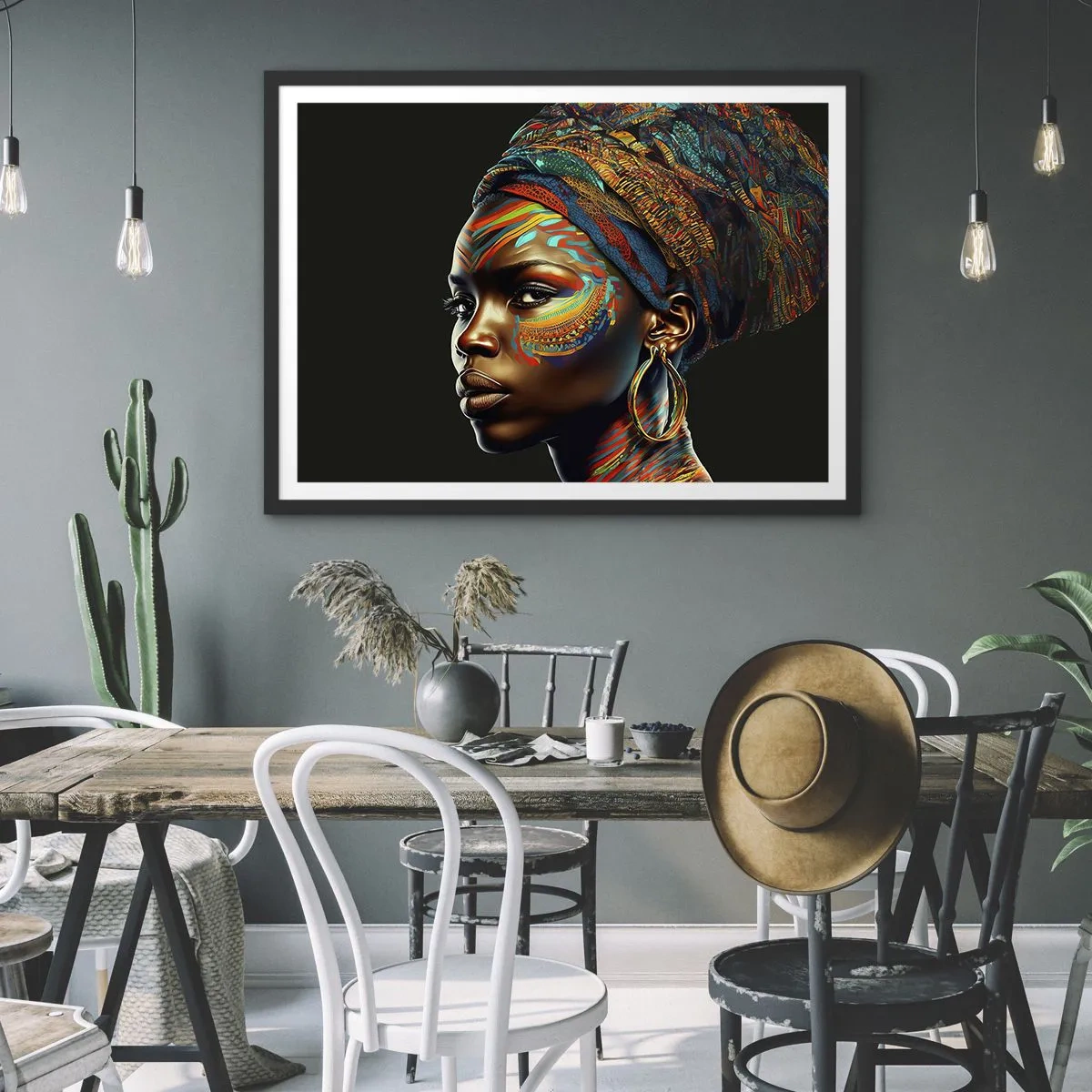 Affiche dans un cadre noir - Poster - Portrait d'une femme avec un motif coloré et un turban - 70x50cm - reine africaine - Décoration murale moderne pour le salon et la chambre ARTTOR