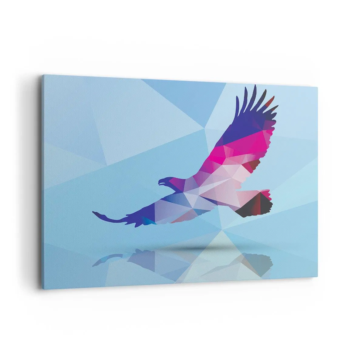 Impression sur toile - Image sur toile - Silhouette géométrique d'un aigle en vol sur fond bleu - 120x80cm - Aigle en cristal lilas - Décoration murale moderne pour le salon et la chambre ARTTOR