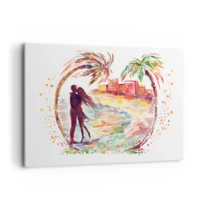 Impression sur toile - Image sur toile - Scène de couple romantique sur une plage avec des palmiers à l'aquarelle - 120x80cm - Vacances romantiques - Décoration murale moderne pour le salon et la chambre ARTTOR
