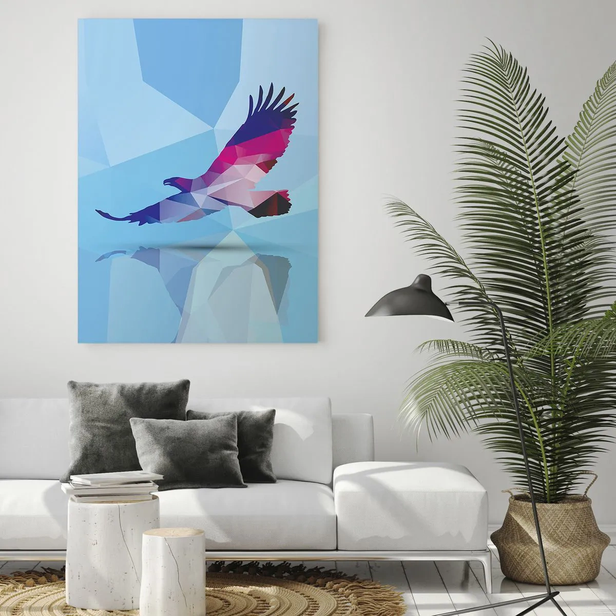 Impression sur verre - Image sur verre - Silhouette géométrique d'un aigle en vol sur fond bleu - 70x100cm - Aigle en cristal lilas - Décoration murale moderne pour le salon et la chambre ARTTOR
