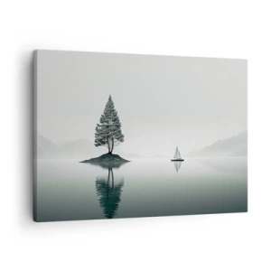Impression sur toile - Image sur toile - Un paysage minimaliste avec un arbre sur une île et un voilier. - 70x50cm - Un rêve somnolent - Décoration murale moderne pour le salon et la chambre ARTTOR