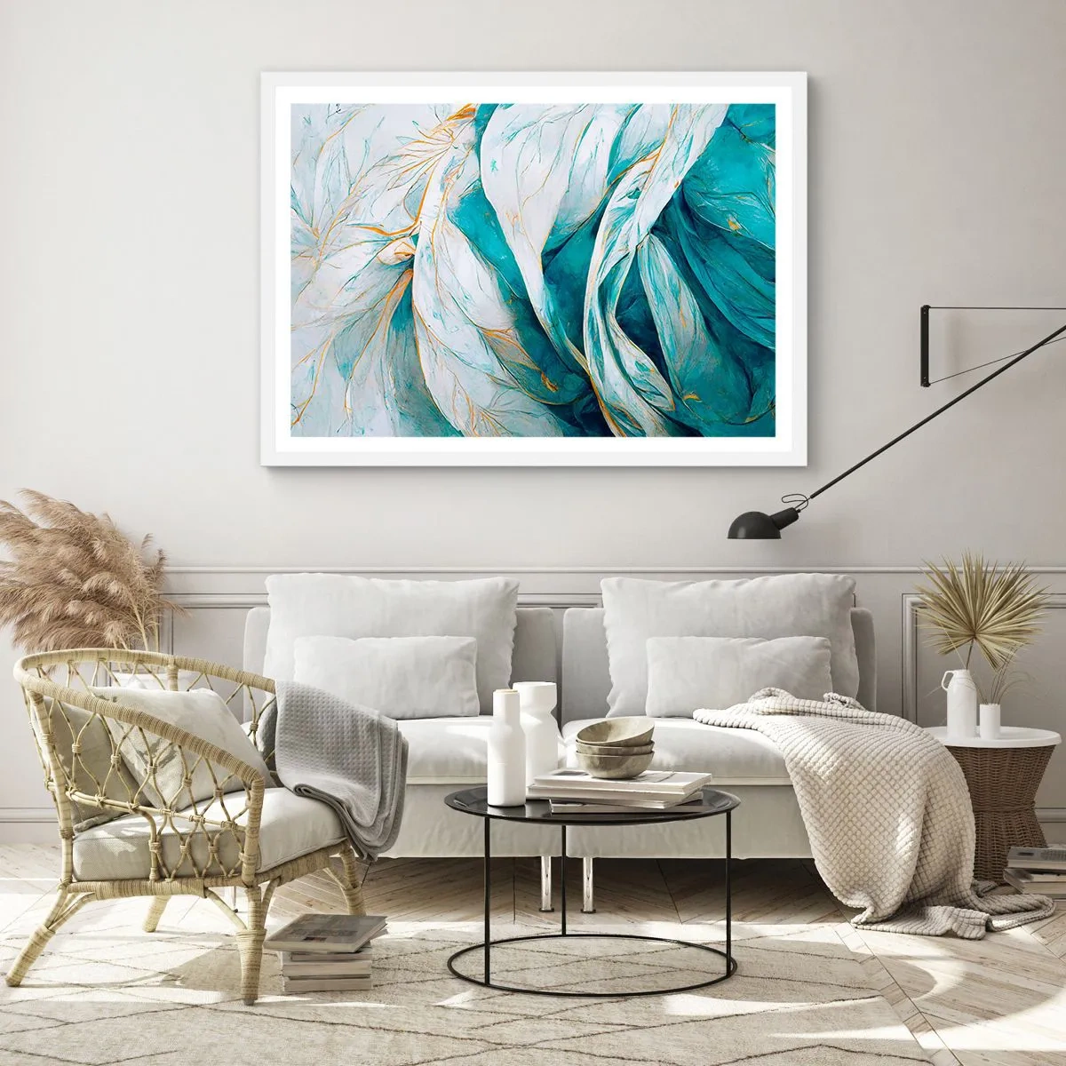 Affiche dans un cadre blanc - Poster - Abstraction bleue avec un motif doré - 91x61 cm