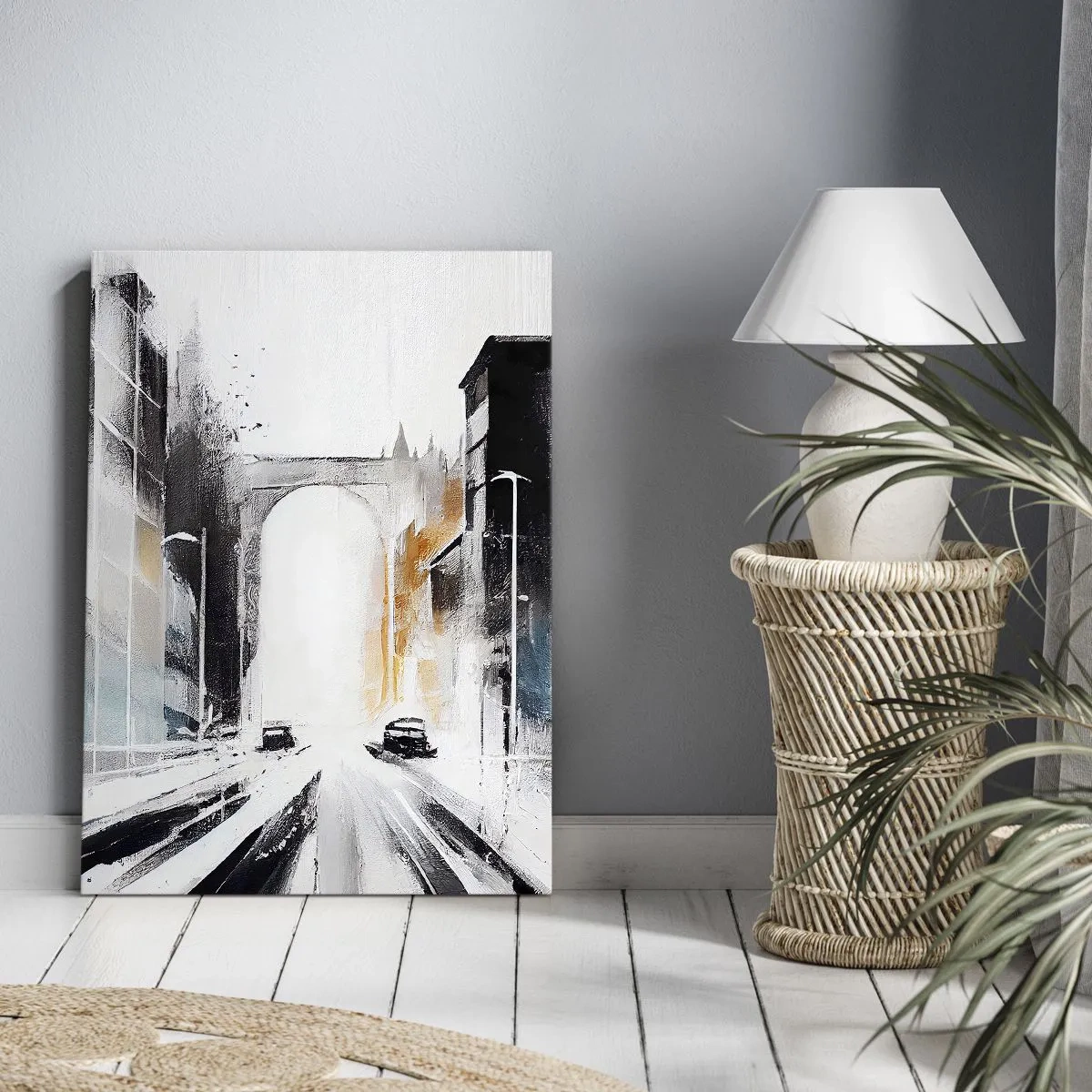 Impression sur toile - Image sur toile - Panorama abstrait de la ville avec un pont en arc - 50x70cm - Étude de ville : architecture et mouvement - Décoration murale moderne pour le salon et la chambre ARTTOR