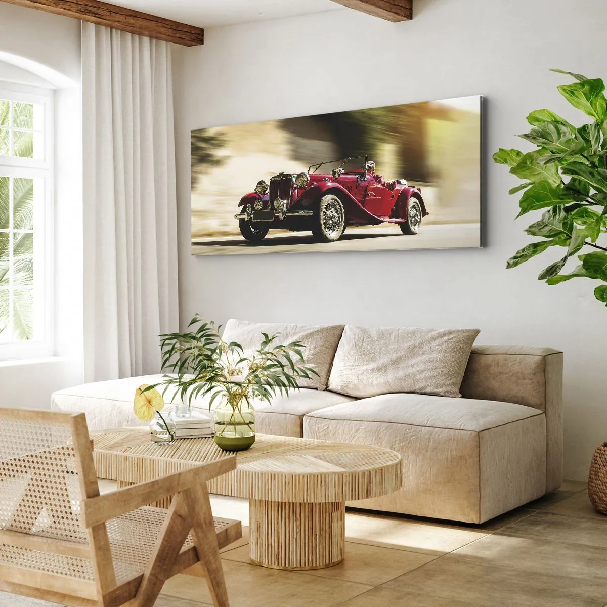 Impression sur toile - Image sur toile - Voiture classique rouge en mouvement dans une rue ensoleillée - 120x50cm - Plus belle que Nike de Samothrace - Décoration murale moderne pour le salon et la chambre ARTTOR