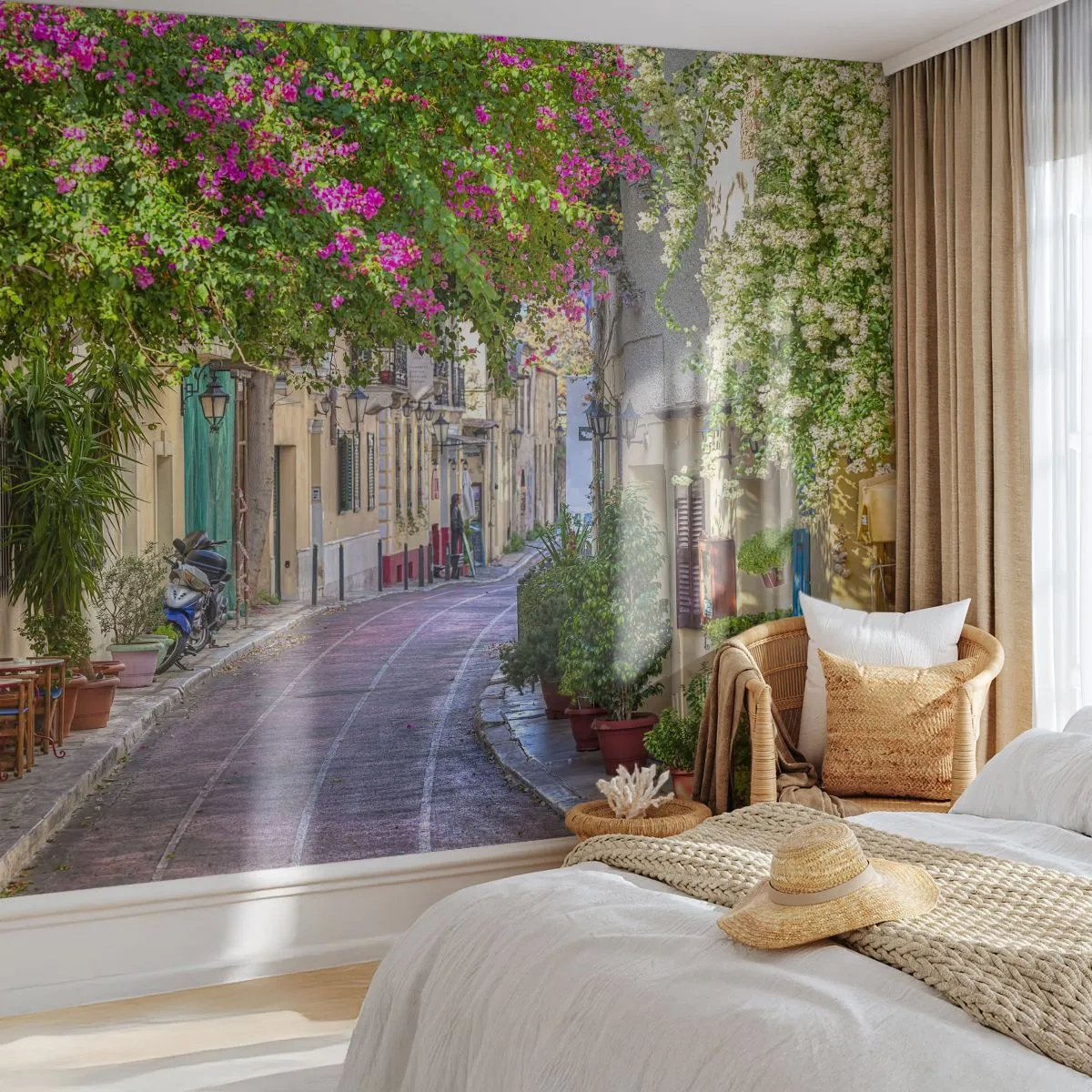 Papier Peint Photo Premium Canvas - Allée fleurie - Architecture, Grèce, Ville - 300x210 cm