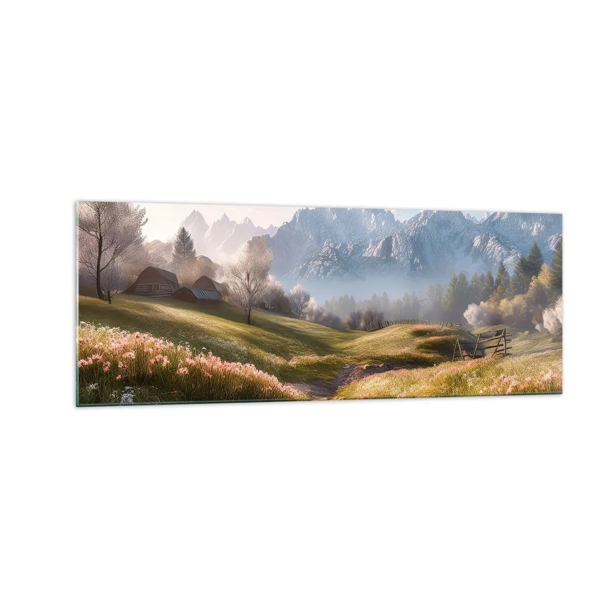 Impression sur verre - Image sur verre - Une vallée de montagne avec des prairies, des cabanes et une vue sur les sommets - 140x50cm - Vallée idyllique - Décoration murale moderne pour le salon et la chambre ARTTOR