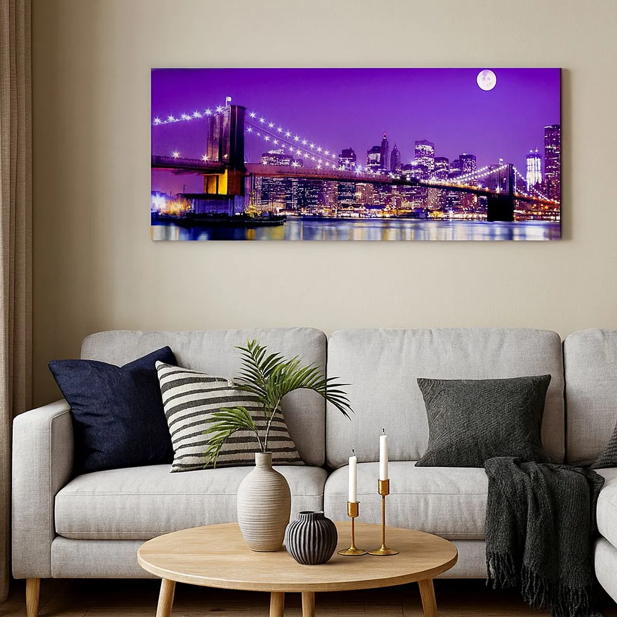 Impression sur toile - Image sur toile - Lumières de grande ville en violet - 100x40 cm