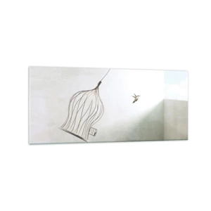 Impression sur verre - Image sur verre - Un oiseau libéré d'une cage sur fond de ciel lumineux - 120x50cm - Dans son élément - Décoration murale moderne pour le salon et la chambre ARTTOR