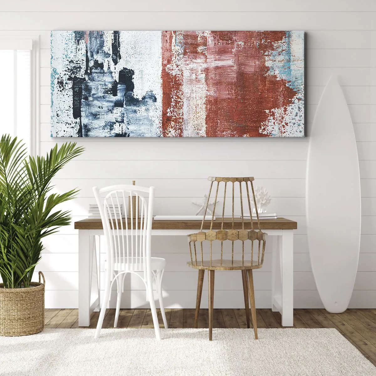 Impression sur toile - Image sur toile - Abstraction aux couleurs blanc, bleu et brique - 160x50cm - Moitié-moitié abstrait - Décoration murale moderne pour le salon et la chambre ARTTOR