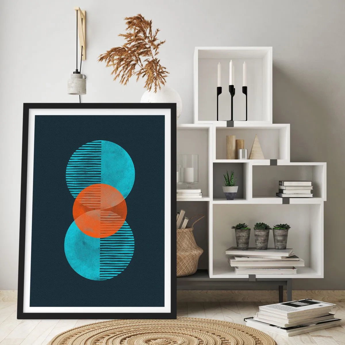 Affiche dans un cadre noir - Poster - Cercles symétriques dans les tons de bleu et d'orange avec des lignes - 50x70cm - Composition symétrique - Décoration murale moderne pour le salon et la chambre ARTTOR