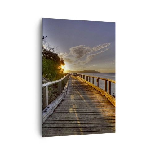 Impression sur toile - Image sur toile - Une jetée en bois mène vers le coucher de soleil sur l'eau - 70x100cm - Aller, aller tout le temps en direction du soleil - Décoration murale moderne pour le salon et la chambre ARTTOR
