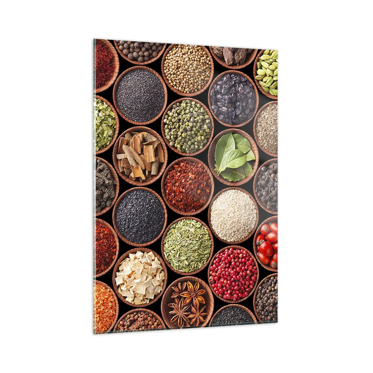 Impression sur verre - Image sur verre - Une composition de diverses épices dans des bols en bois - 50x70cm - Toutes les saveurs du monde - Décoration murale moderne pour le salon et la chambre ARTTOR