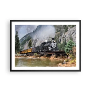Affiche dans un cadre noir - Poster - Une locomotive à vapeur sur un pont dans un paysage de montagne pittoresque - 70x50cm - Et lui jusqu'où? Jusqu'où? - Décoration murale moderne pour le salon et la chambre ARTTOR