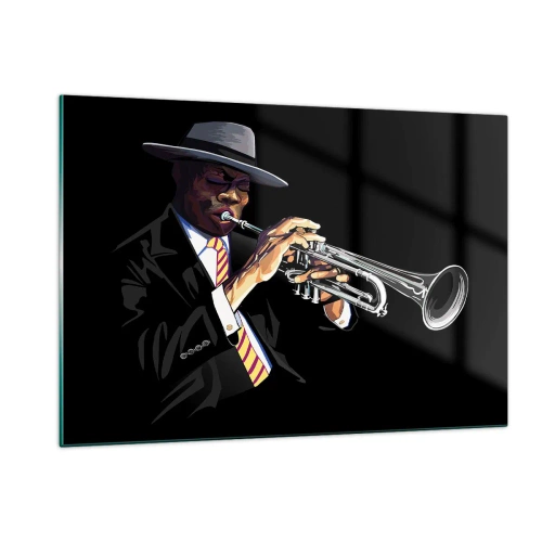 Impression sur verre - Image sur verre - Un musicien noir avec une trompette et un chapeau sur fond noir - 120x80cm - Le charme de la vieille école - Décoration murale moderne pour le salon et la chambre ARTTOR