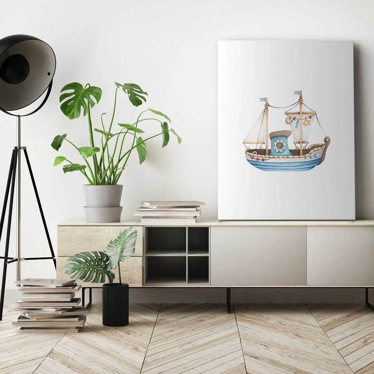 Impression sur toile - Image sur toile - Illustration d'un navire aux couleurs pastel sur fond blanc - 50x70cm - Ohé, l'aventure ! - Décoration murale moderne pour le salon et la chambre ARTTOR