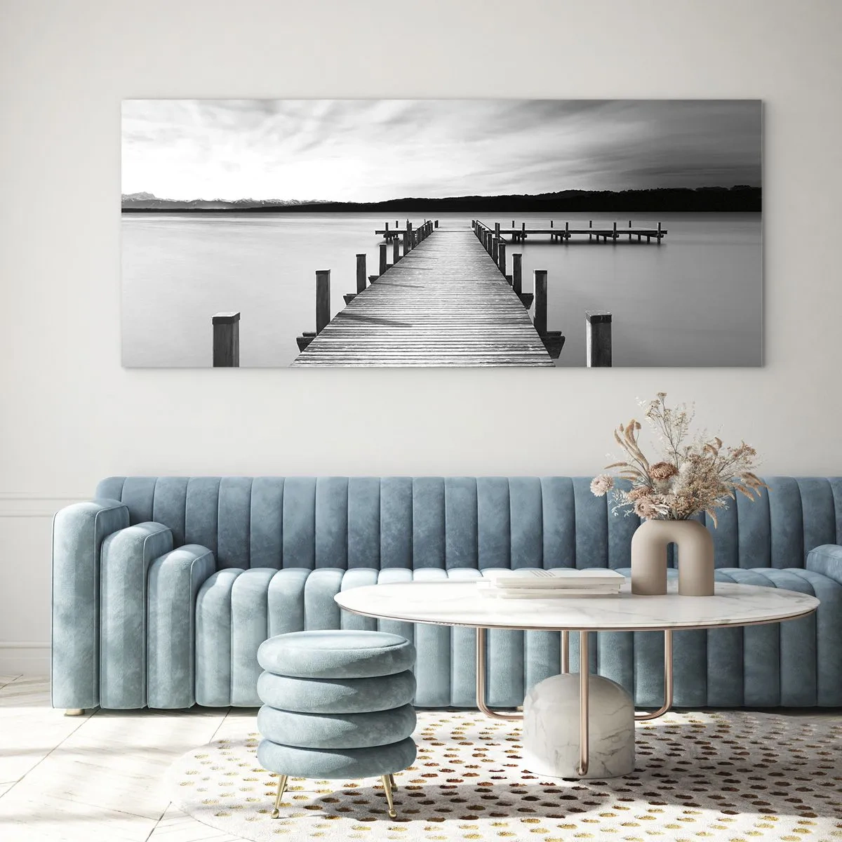 Impression sur verre - Image sur verre - Une jetée noire et blanche sur un lac calme - 120x50cm - Au point d'eau - la paix - Décoration murale moderne pour le salon et la chambre ARTTOR