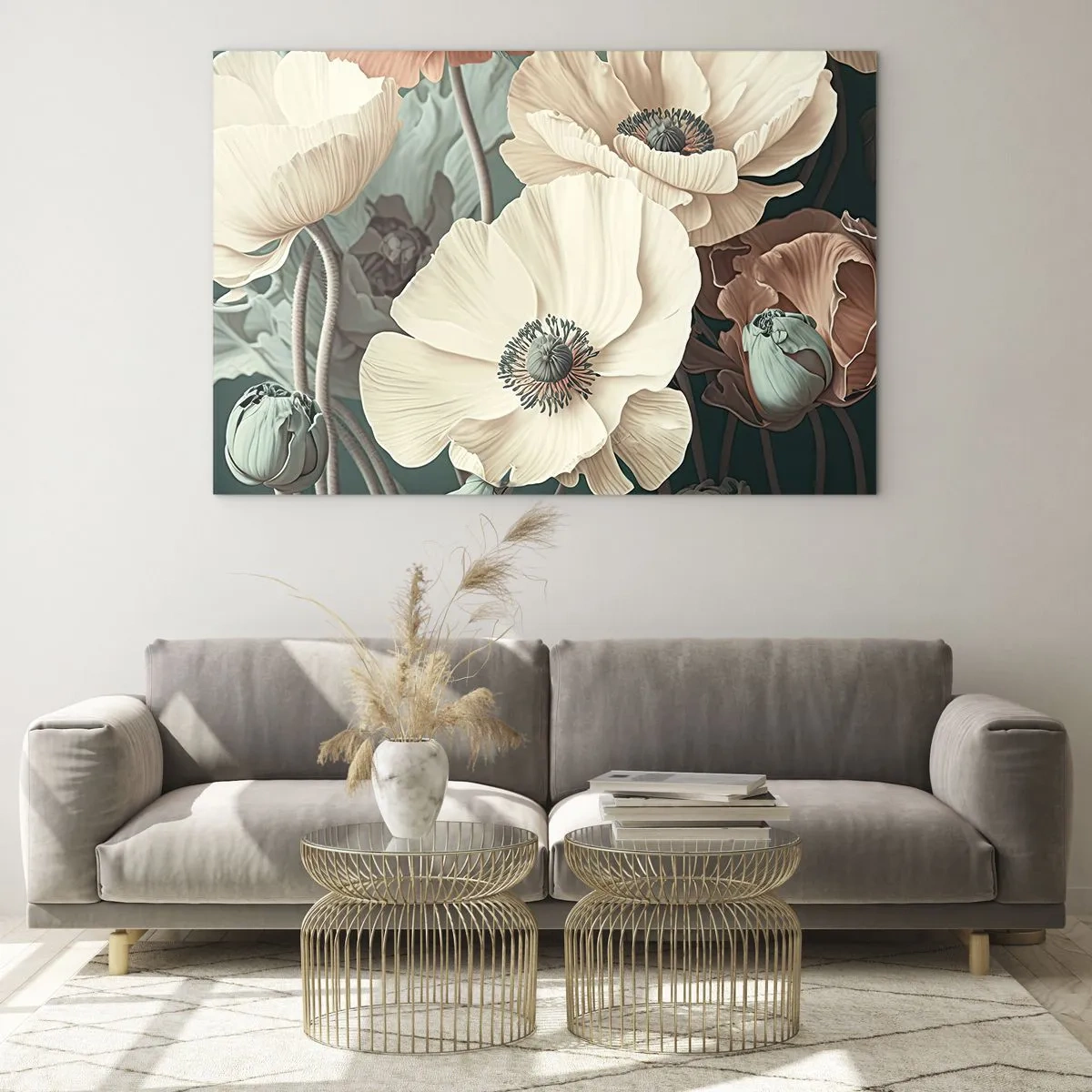Impression sur verre - Image sur verre - Délicates crèmes et coquelicots saumonés sur fond sombre - 70x50cm - Le murmure des coquelicots - Décoration murale moderne pour le salon et la chambre ARTTOR
