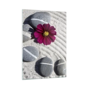 Impression sur verre - Image sur verre - Pierres à rayures blanches et une fleur violette sur le sable dans un style zen - 50x70cm - Énergie et paix du cercle magique de la nature - Décoration murale moderne pour le salon et la chambre ARTTOR