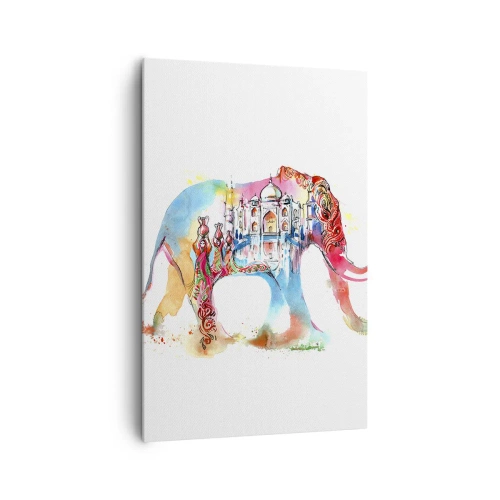 Impression sur toile - Image sur toile - Aquarelle colorée d'un éléphant avec un motif du Taj Mahal - 80x120cm - Inde - l'aura de l'amour - Décoration murale moderne pour le salon et la chambre ARTTOR