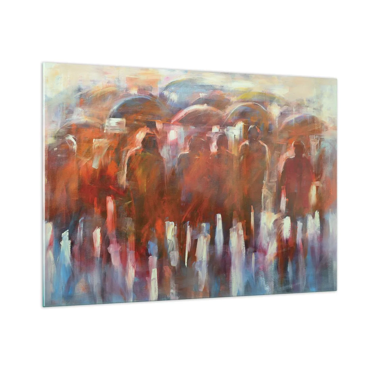 Impression sur verre - Image sur verre - Une foule de personnes avec des parapluies dans une abstraction artistique - 100x70cm - Identiques sous la pluie et dans le brouillard - Décoration murale moderne pour le salon et la chambre ARTTOR