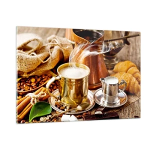 Impression sur verre - Image sur verre - Une tasse de café dorée avec du lait entourée de céréales et de croissants - 120x80cm - Bonne journée! - Décoration murale moderne pour le salon et la chambre ARTTOR