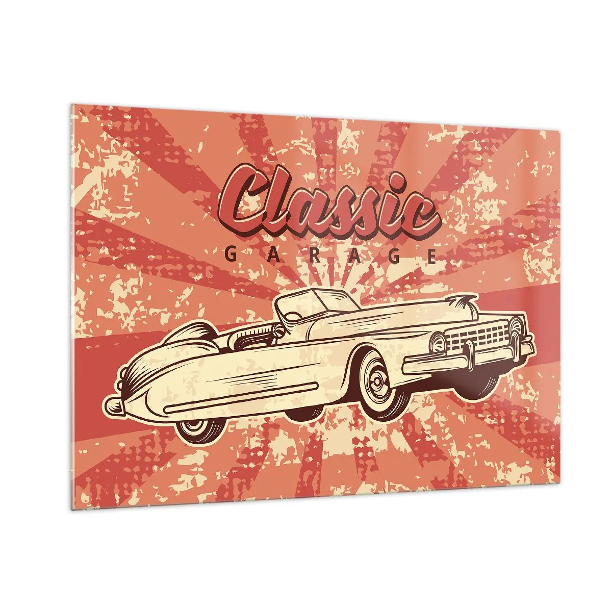 Impression sur verre - Image sur verre - Graphique rétro d'une voiture classique sur fond de rayons - 100x70cm - Et à la radio, Elvis - Décoration murale moderne pour le salon et la chambre ARTTOR