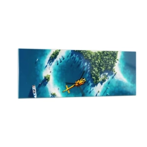 Impression sur verre - Image sur verre - Une île tropicale entourée d'eau turquoise avec un hélicoptère en vue - 140x50cm - Achetez-vous une île - Décoration murale moderne pour le salon et la chambre ARTTOR