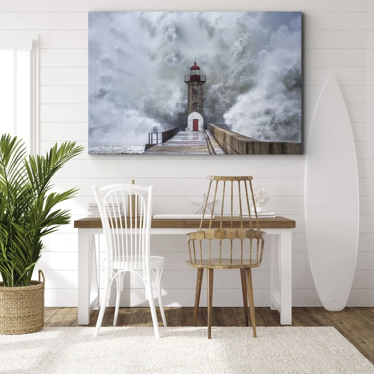 Impression sur toile - Image sur toile - Un phare entouré de vagues agitées - 100x70cm - Le rugissement des eaux, le bruit soufflera - Décoration murale moderne pour le salon et la chambre ARTTOR