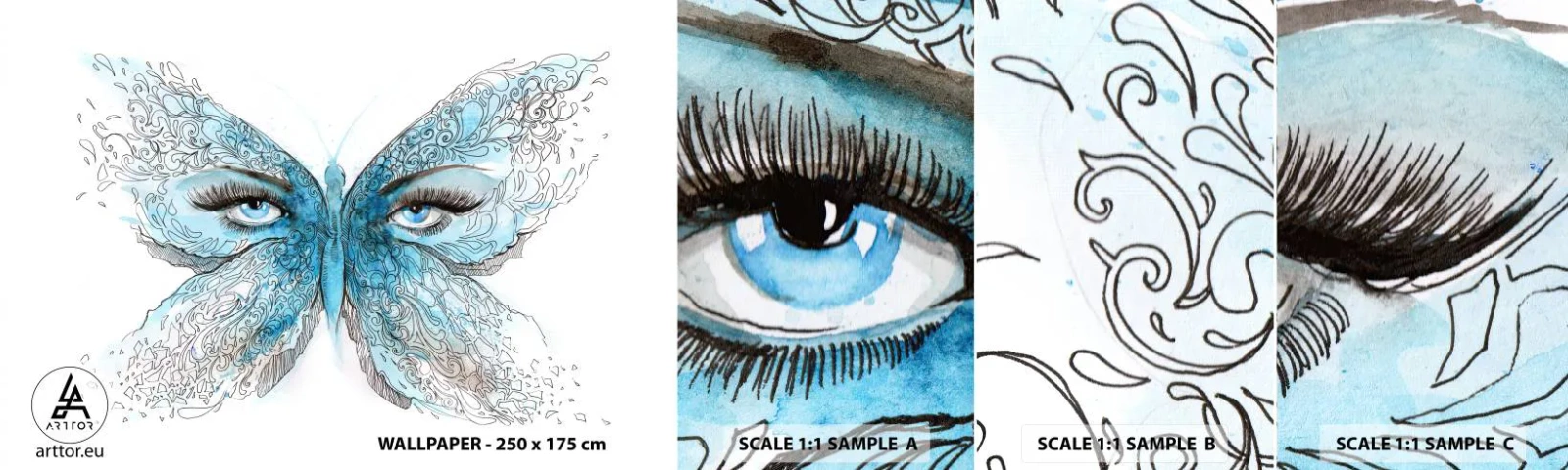 Échantillon De Papier Peint Standard Eco - Mésange bleue Eros - Abstraction, Papillon, Yeux féminins - 100x30 cm