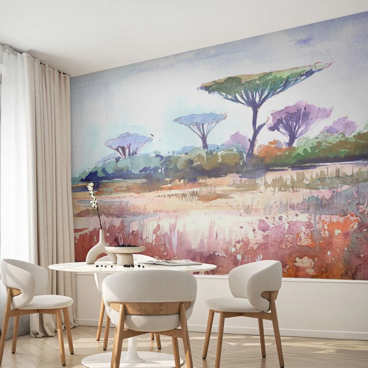 Papier Peint Photo Premium Sand - Un paysage de savane à l'aquarelle avec des arbres caractéristiques - 100x70cm - Couleurs de savane - Décoration murale moderne pour le salon et la chambre ARTTOR