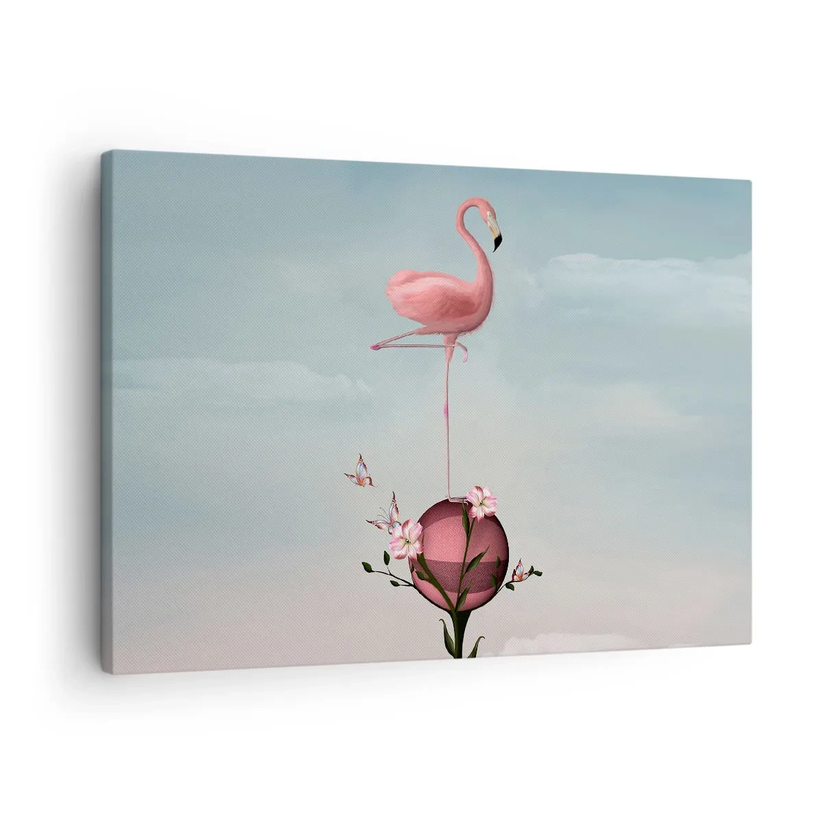 Impression sur toile - Image sur toile - Un flamant rose en équilibre sur une boule de fleurs - 70x50cm - Allégorie du basket-ball - Décoration murale moderne pour le salon et la chambre ARTTOR